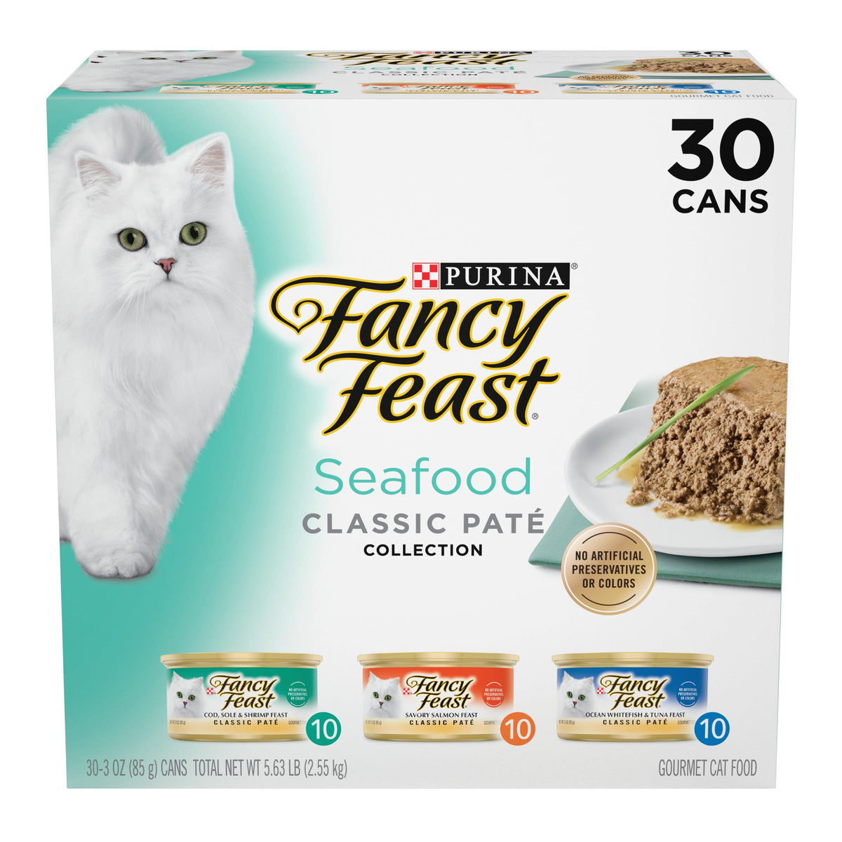 Fancy Feast frente del pack de 30 latas mostrando variedad y conveniencia