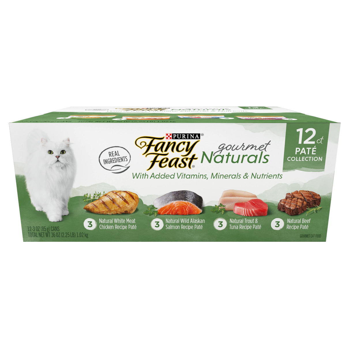 Fancy Feast frente del paquete de latas mostrando variedad y conveniencia