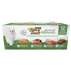 Fancy Feast frente del paquete de latas mostrando variedad y conveniencia