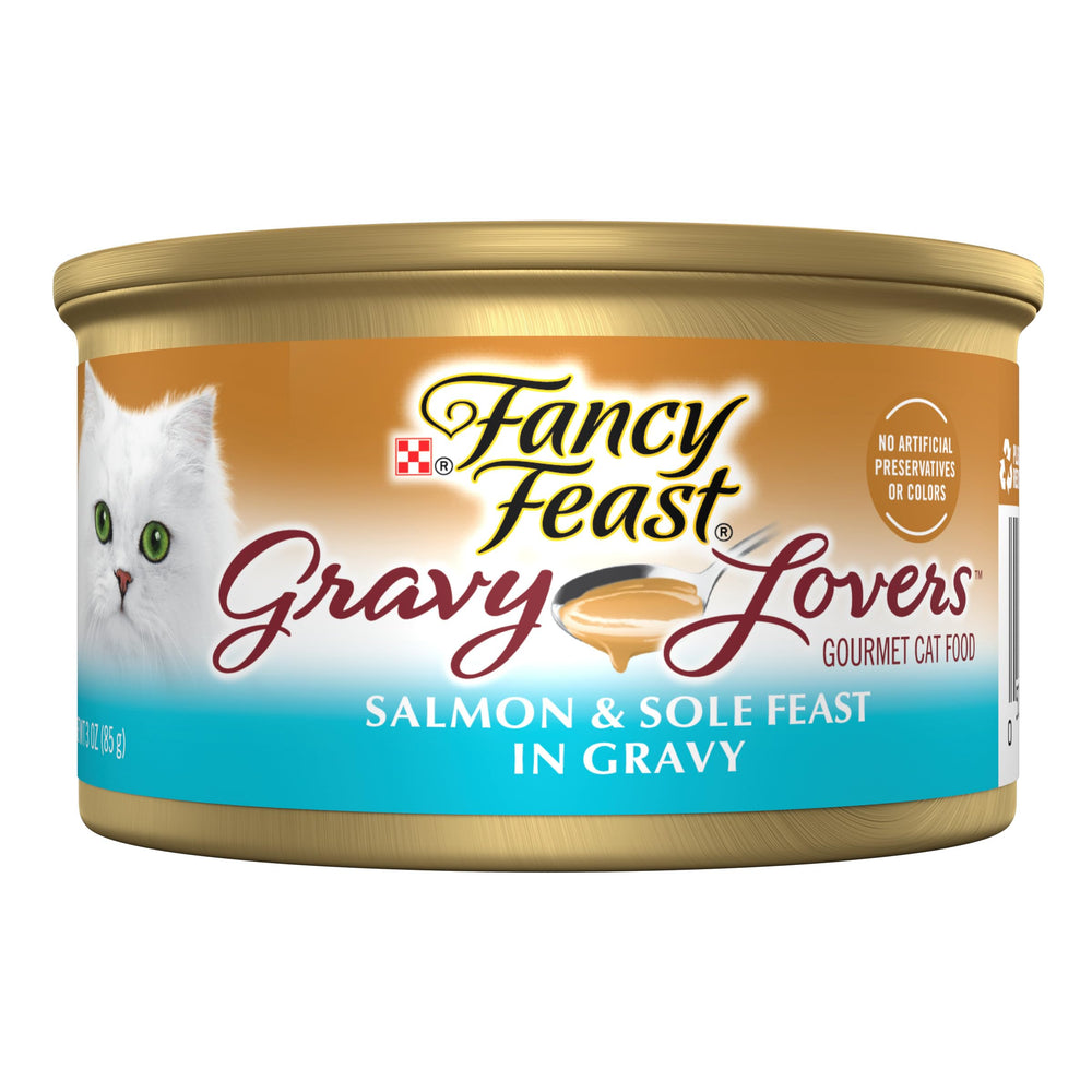 Fancy Feast front packaging showing salmon and sole flavor and benefits