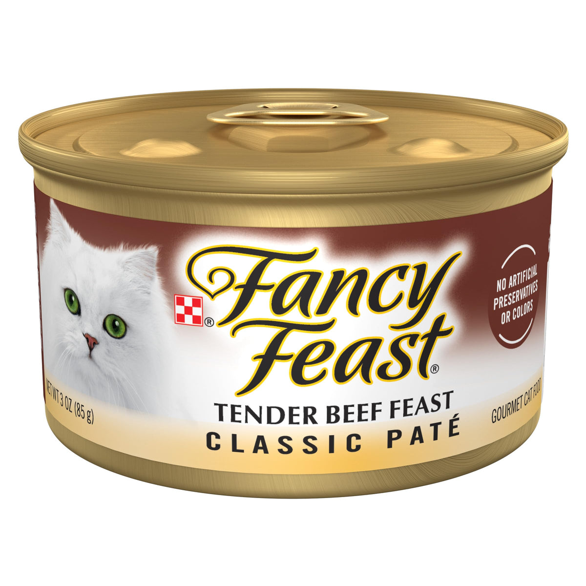 Fancy Feast frontal del envase de ternera mostrando diseño y tamaño práctico
