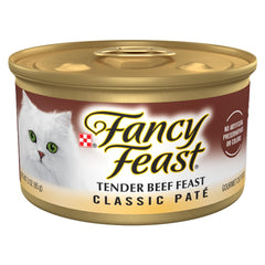 Fancy Feast frontal del envase de ternera mostrando diseño y tamaño práctico