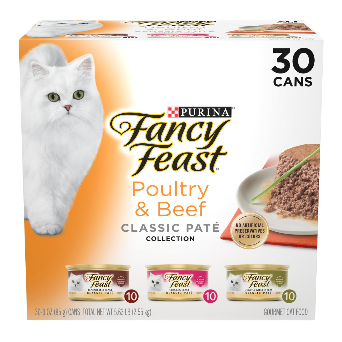 Fancy Feast front packaging showing 30-pack and variety benefits