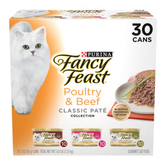 Fancy Feast front packaging showing 30-pack and variety benefits