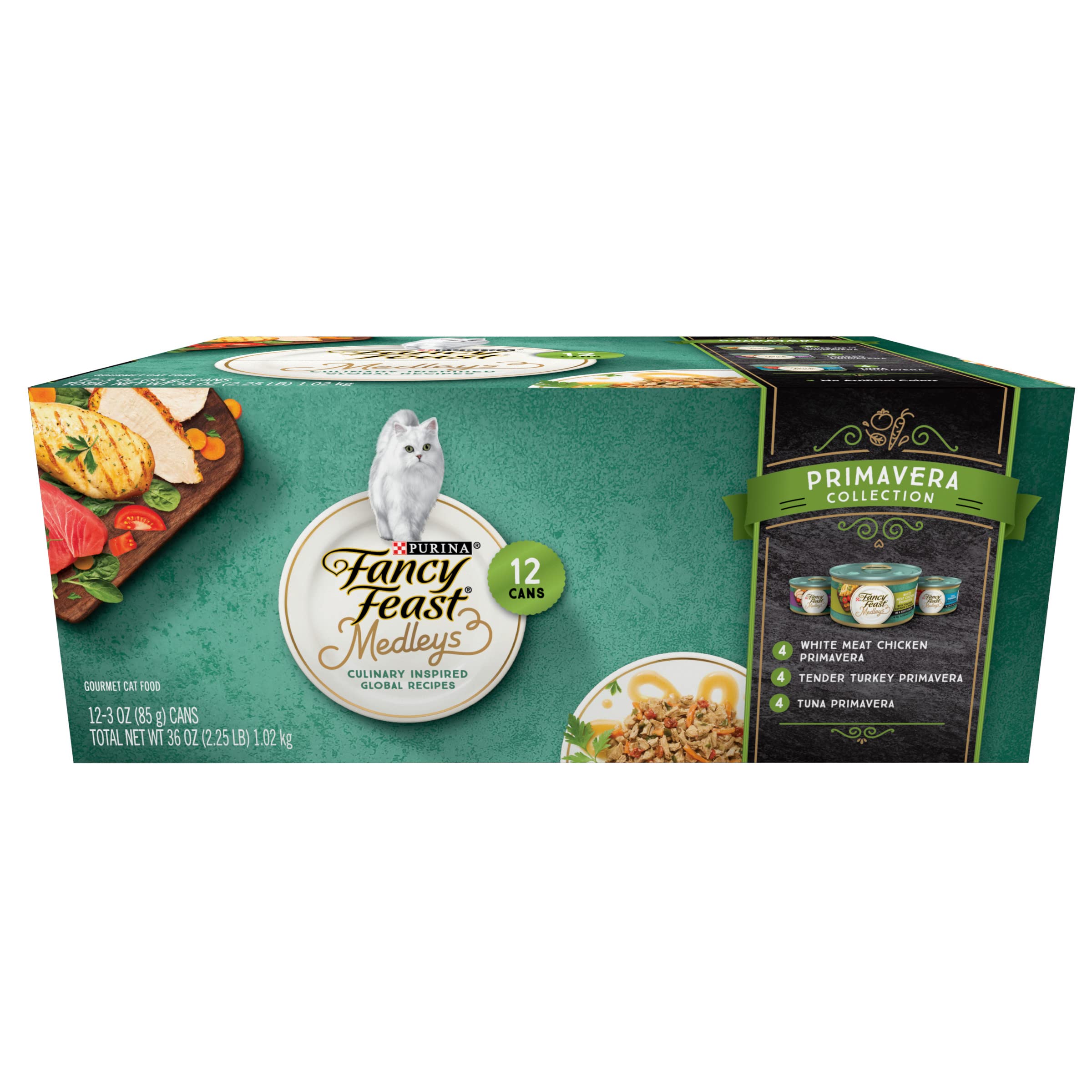 Fancy Feast lata frontal mostrando diseño y variedad, atractivo visual