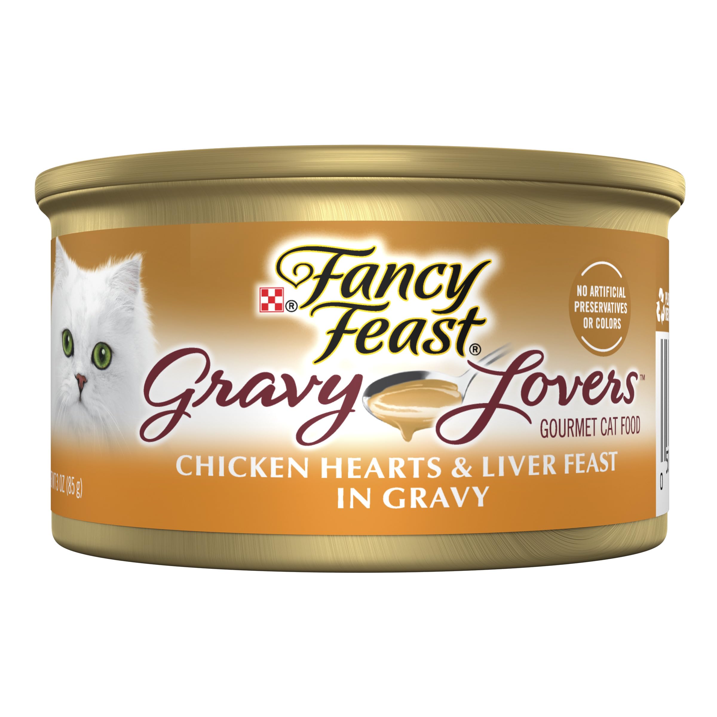 Fancy Feast lata frontal mostrando diseño y beneficio de sabor gourmet