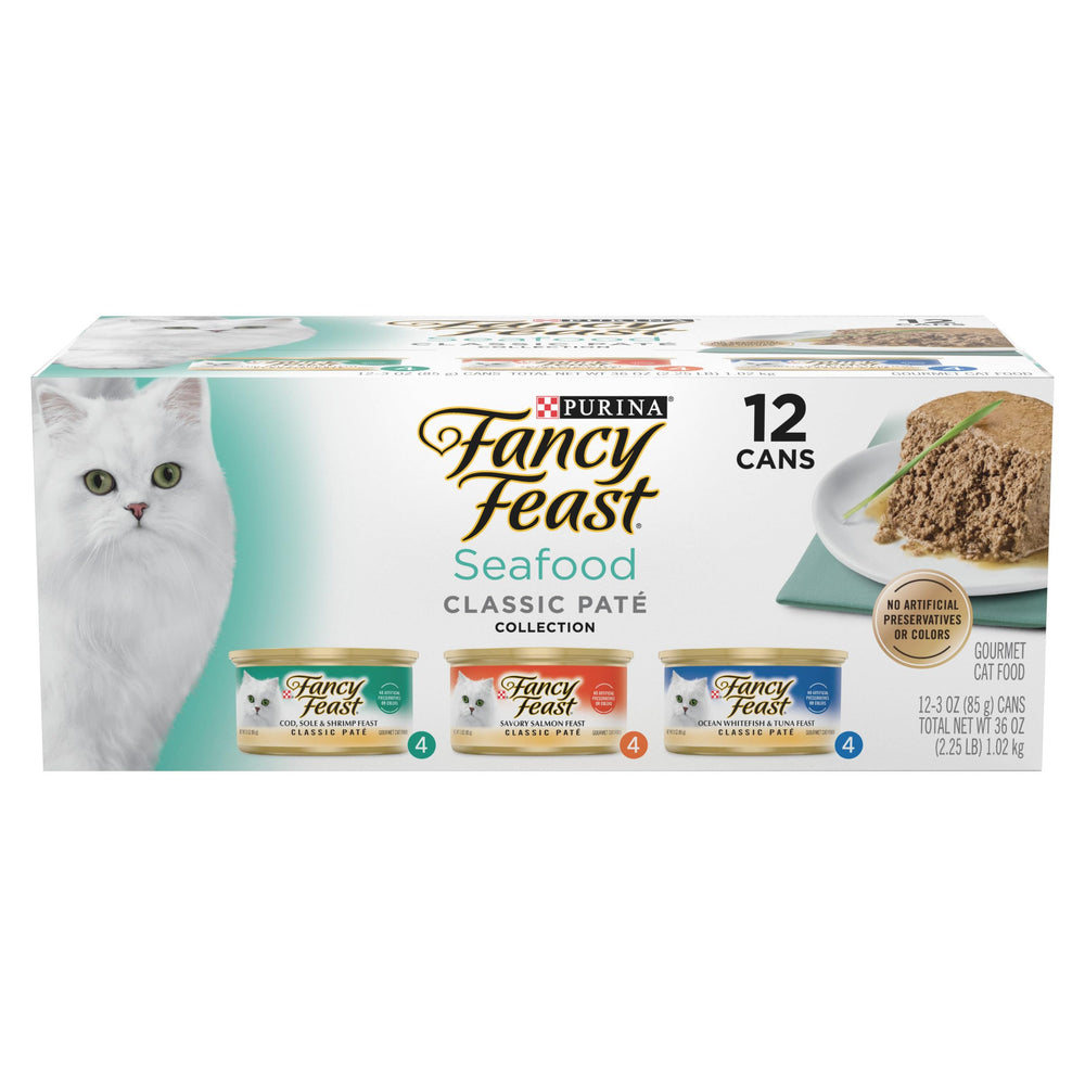 Purina Fancy Feast vista frontal de la lata, diseño y beneficio visual