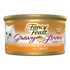 Fancy Feast lata frontal mostrando diseño y beneficio de sabor gourmet
