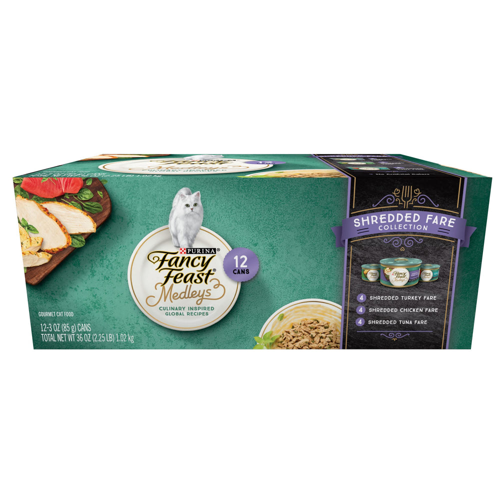 Fancy Feast pack frontal mostrando 24 latas, variedad y conveniencia