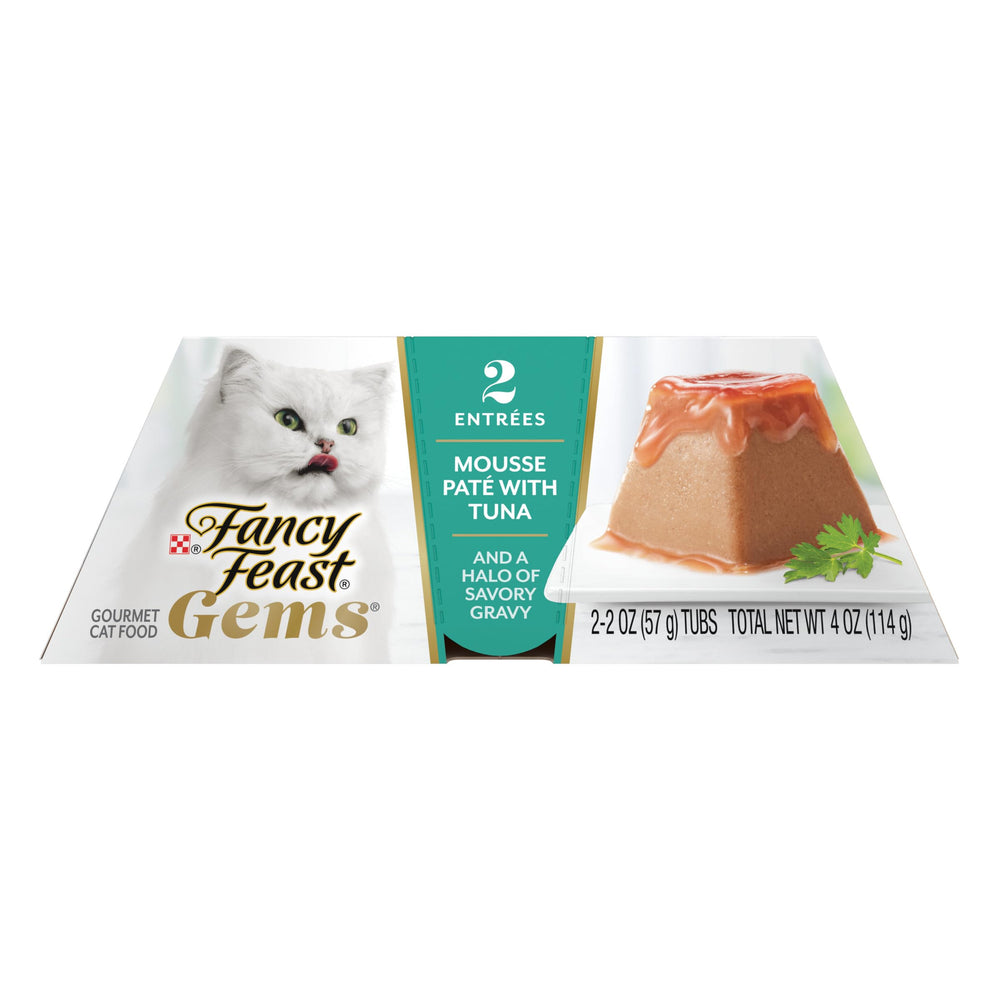 Fancy Feast caja abierta mostrando las porciones dobles por envase