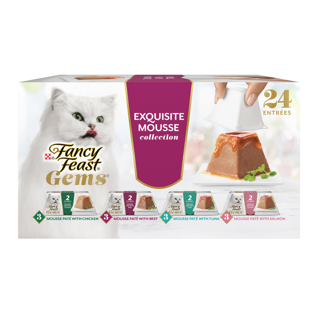 Fancy Feast envase frontal que muestra diseño y porciones fáciles