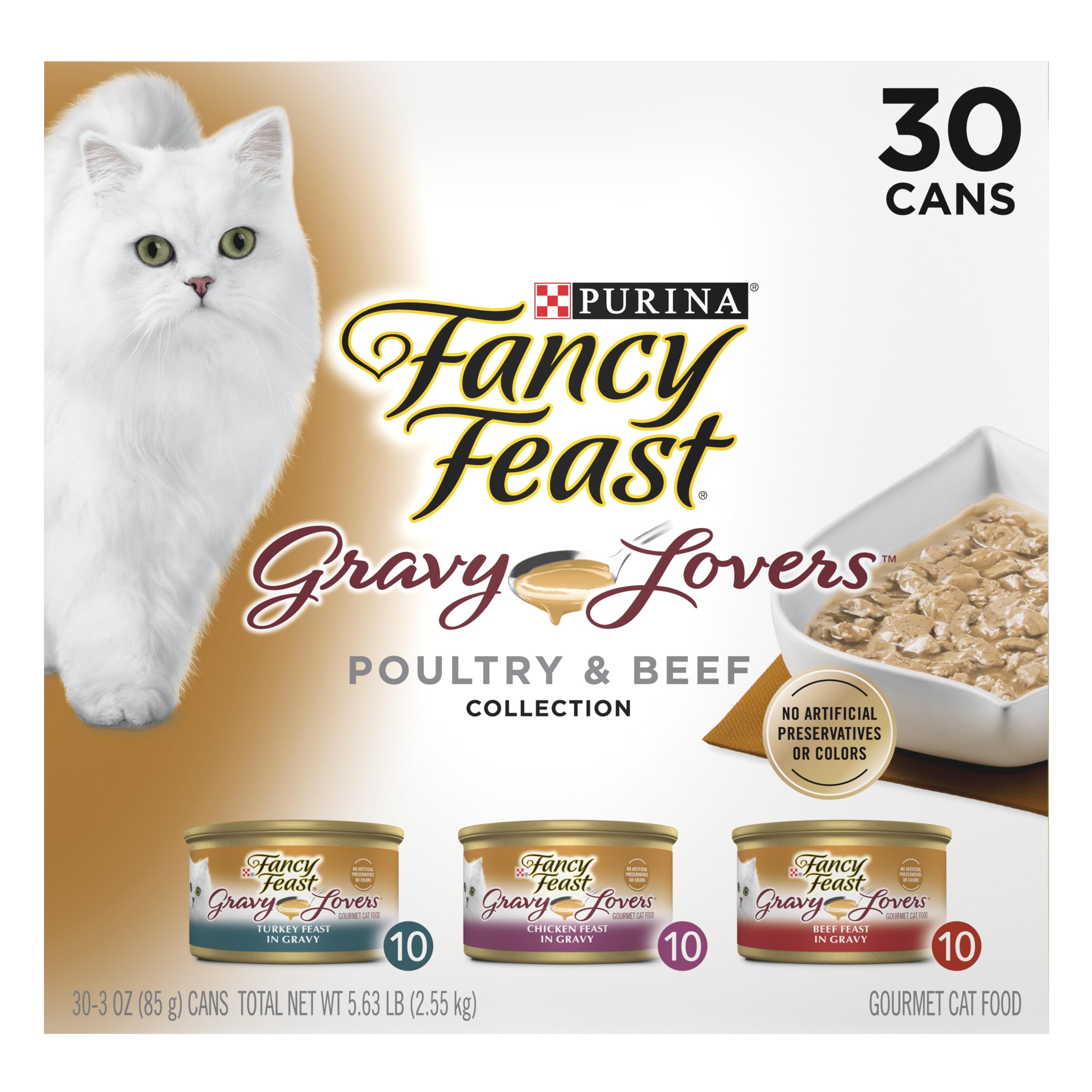 Fancy Feast paquete frontal mostrando las 30 latas y conveniencia