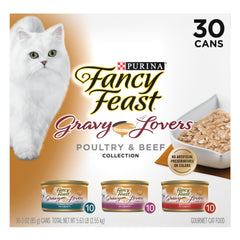 Fancy Feast paquete frontal mostrando las 30 latas y conveniencia