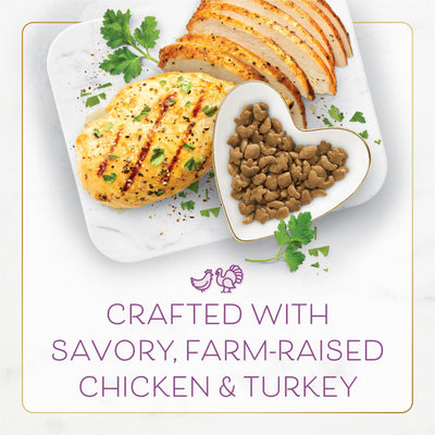 Ingredientes reales pollo y pavo en primer plano junto a croquetas Fancy Feast, sabor auténtico