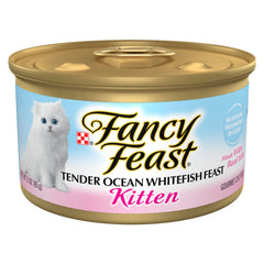 Fancy Feast lata frontal mostrando la marca y la receta, conveniencia en porciones