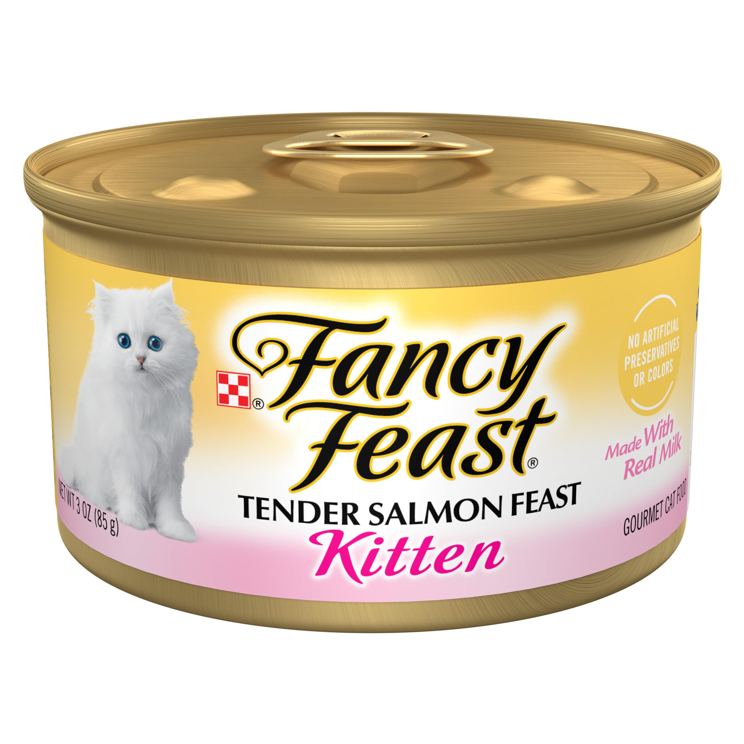 Fancy Feast kitten salmon front packaging showing can artwork and benefit of balanced nutrition