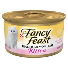 Fancy Feast kitten salmon front packaging showing can artwork and benefit of balanced nutrition