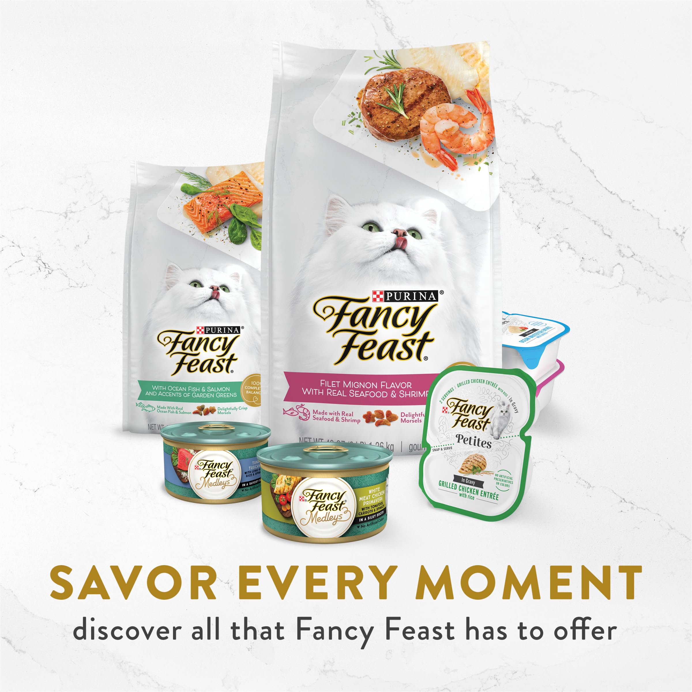 Fancy Feast label close-up highlighting ingredients, taurine and vitamin E benefits