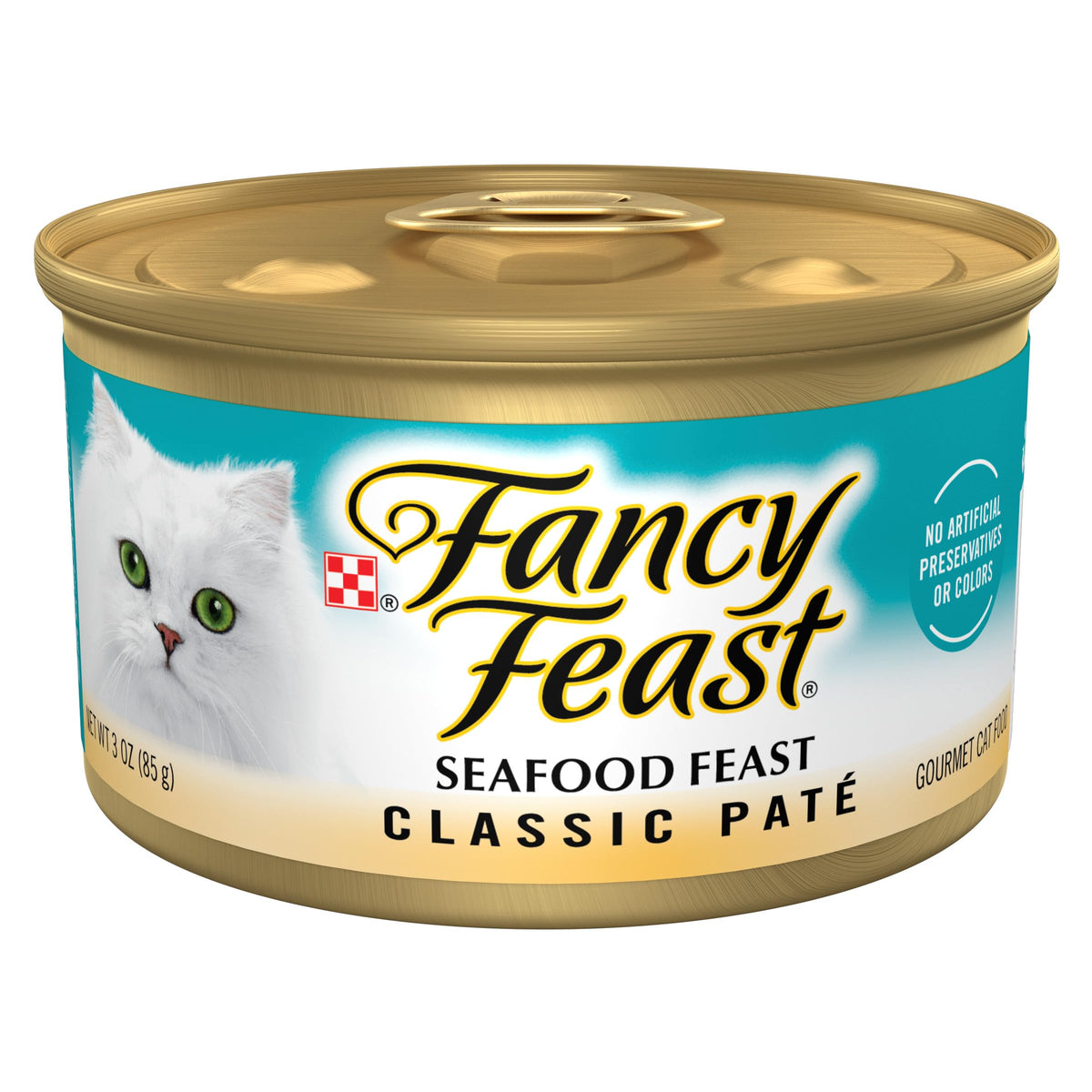 Fancy Feast lata frontal mostrando etiqueta y conveniencia