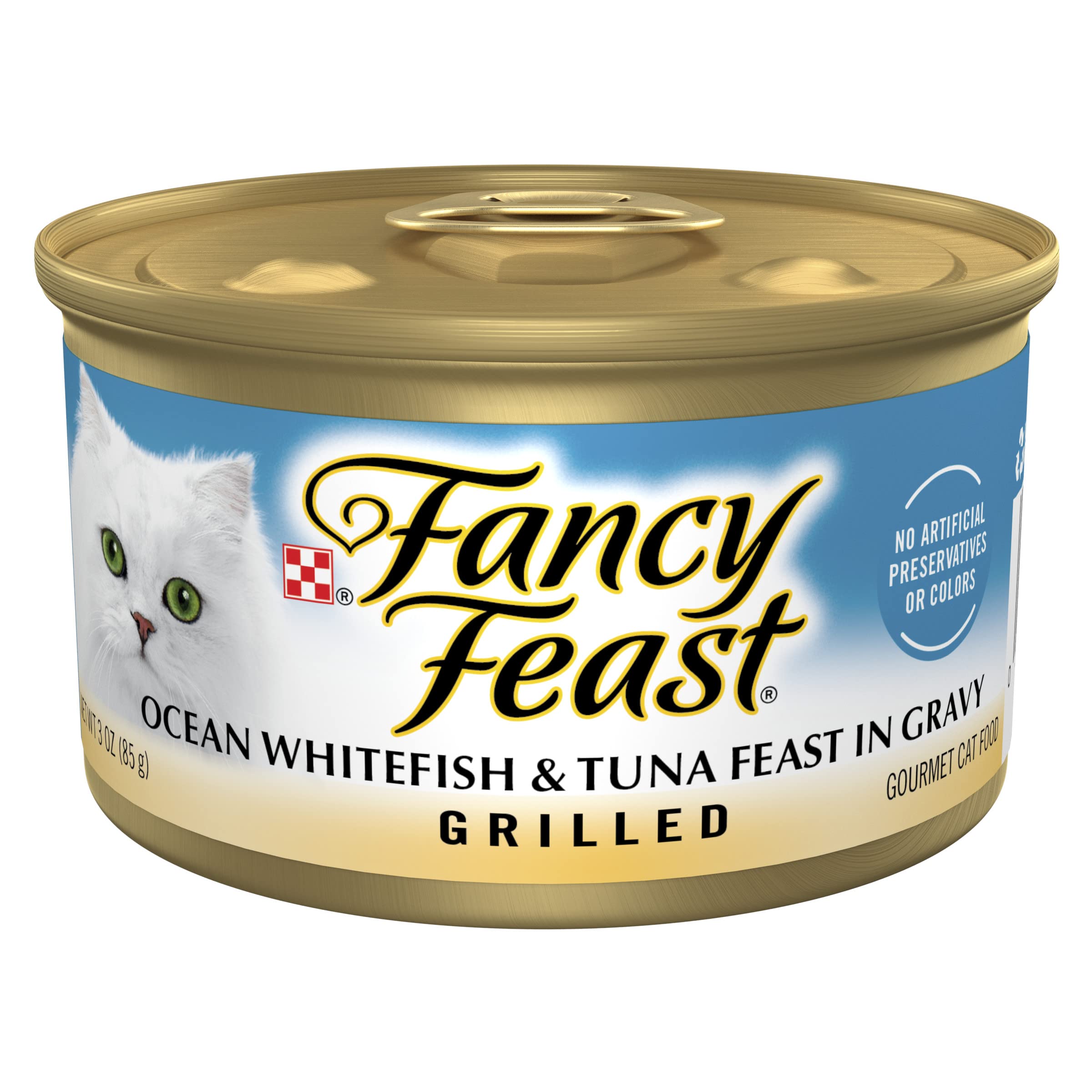 Fancy Feast lata frente mostrando la marca y diseño atractivo para identificación rápida