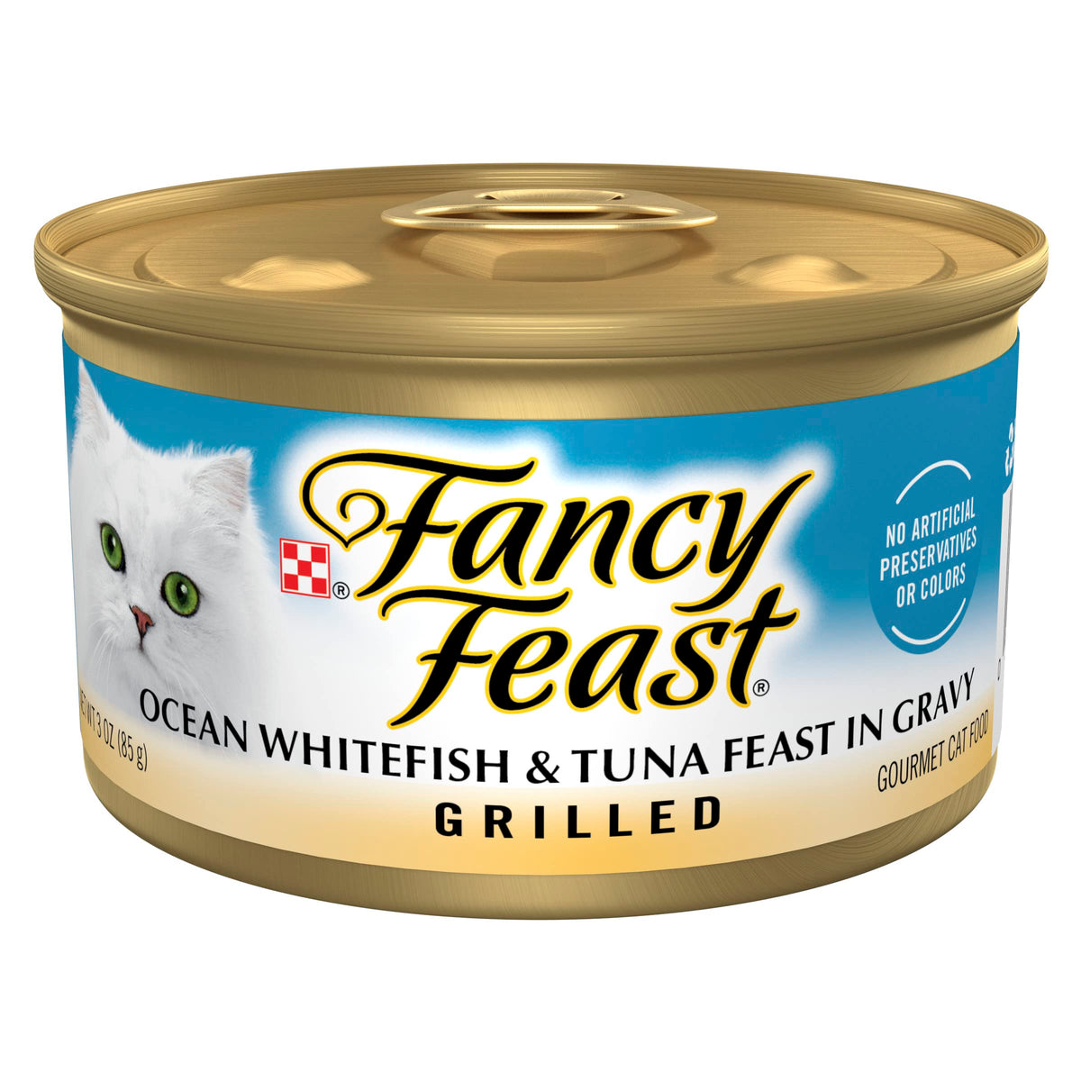 Fancy Feast lata frente mostrando la marca y diseño atractivo para identificación rápida