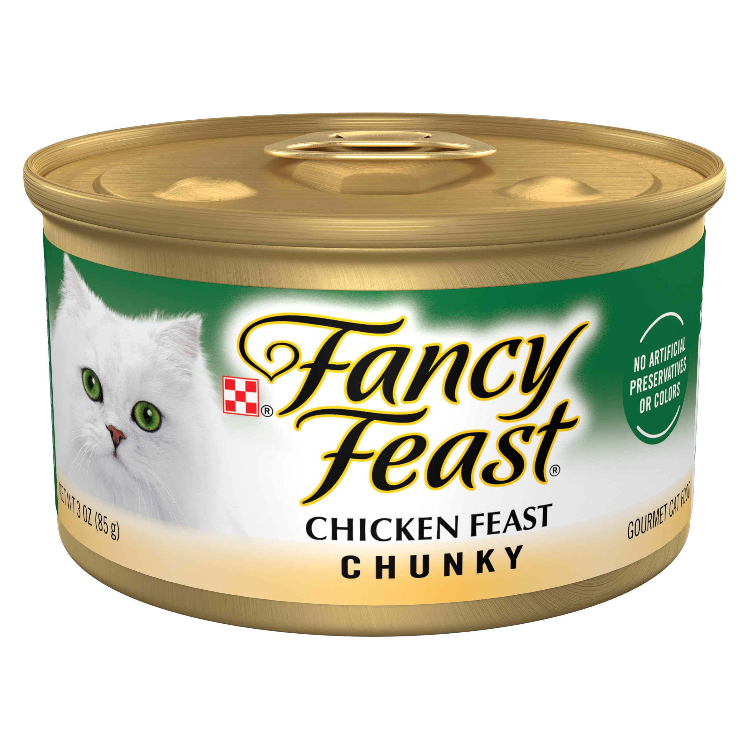 Fancy Feast lata frente mostrando el diseño y beneficio de porciones individuales