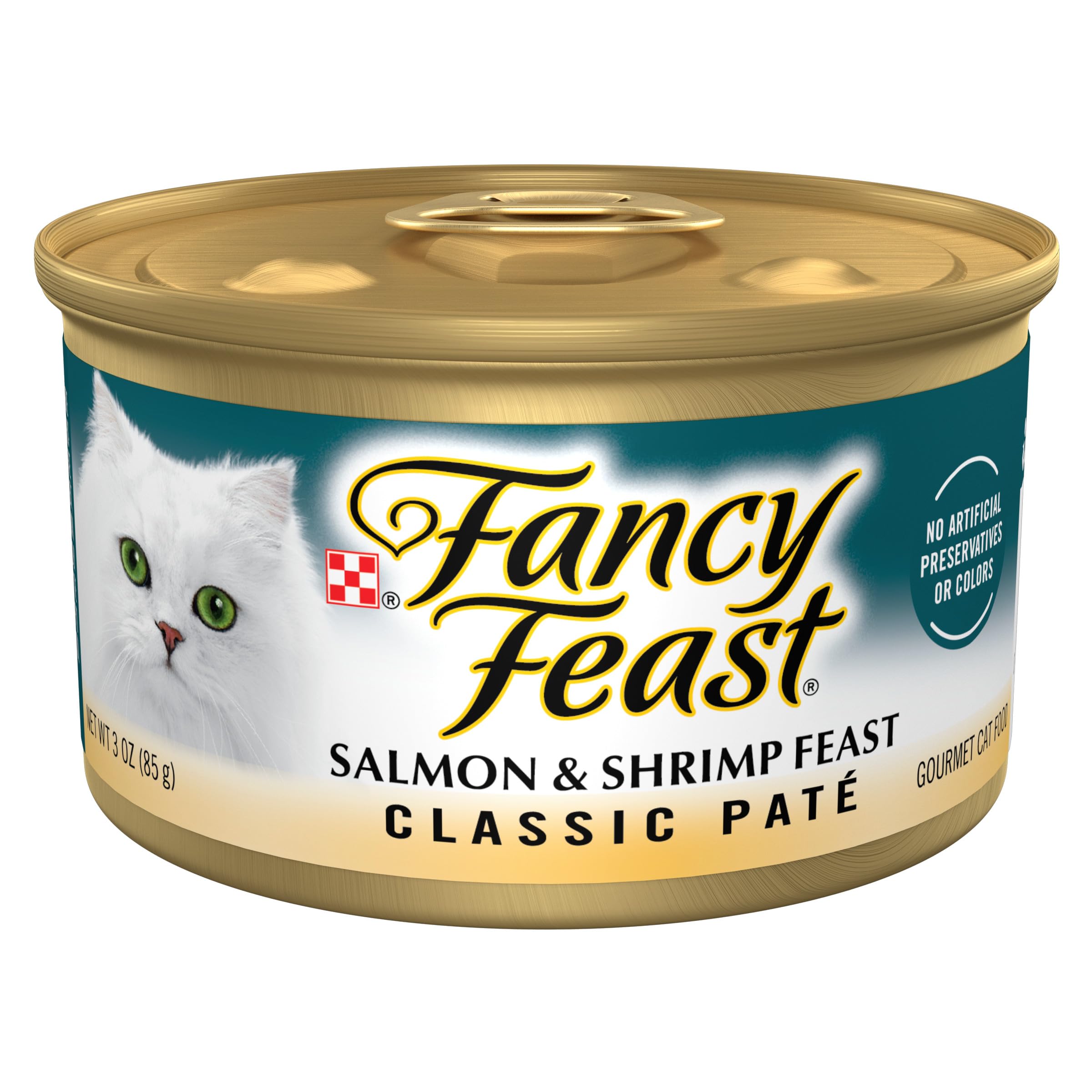 Fancy Feast lata frontal mostrando el diseño y beneficio gourmet