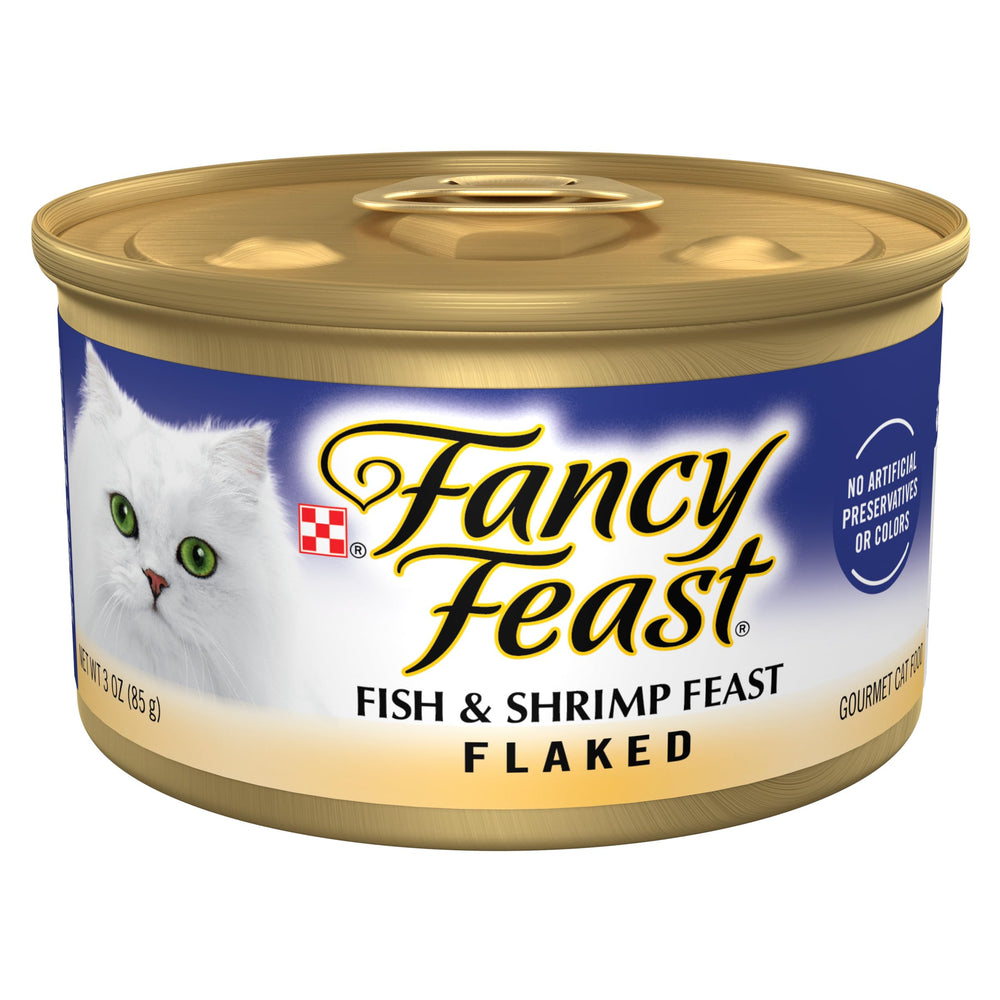Fancy Feast lata frente mostrando marca y sabor marino para apetito exigente