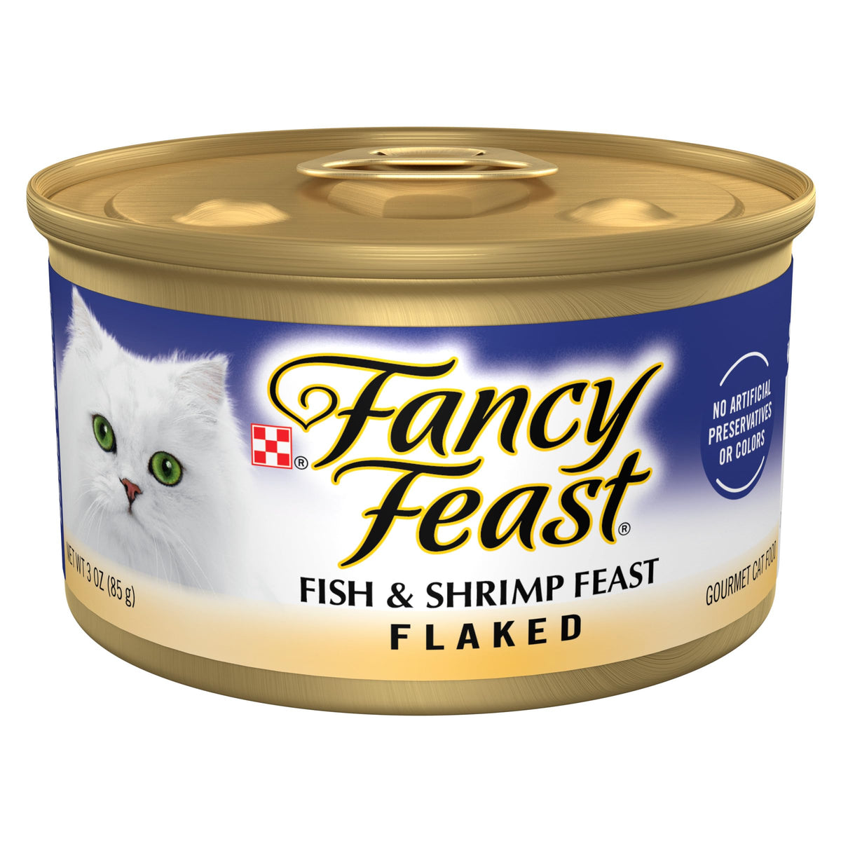 Fancy Feast lata frente mostrando marca y sabor marino para apetito exigente