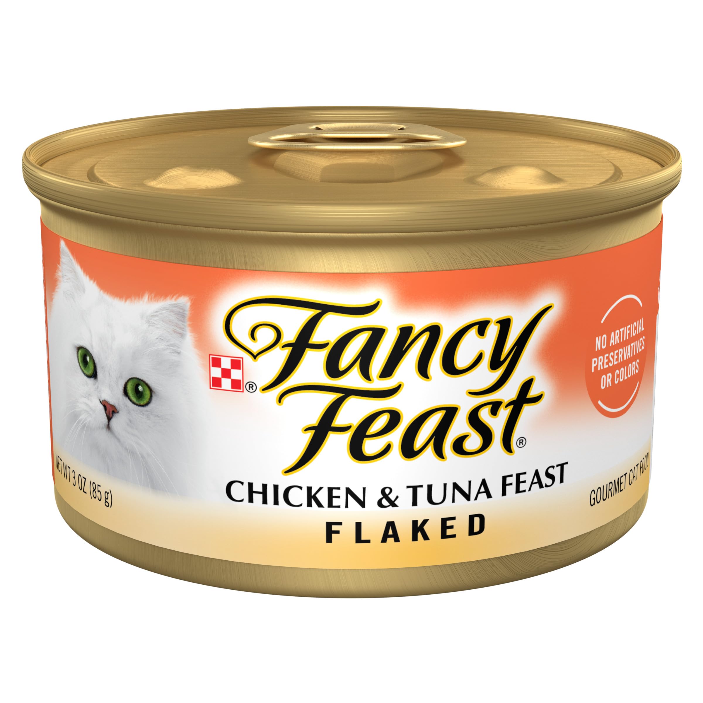 Fancy Feast lata frontal mostrando diseño y marca, beneficio: fácil identificación