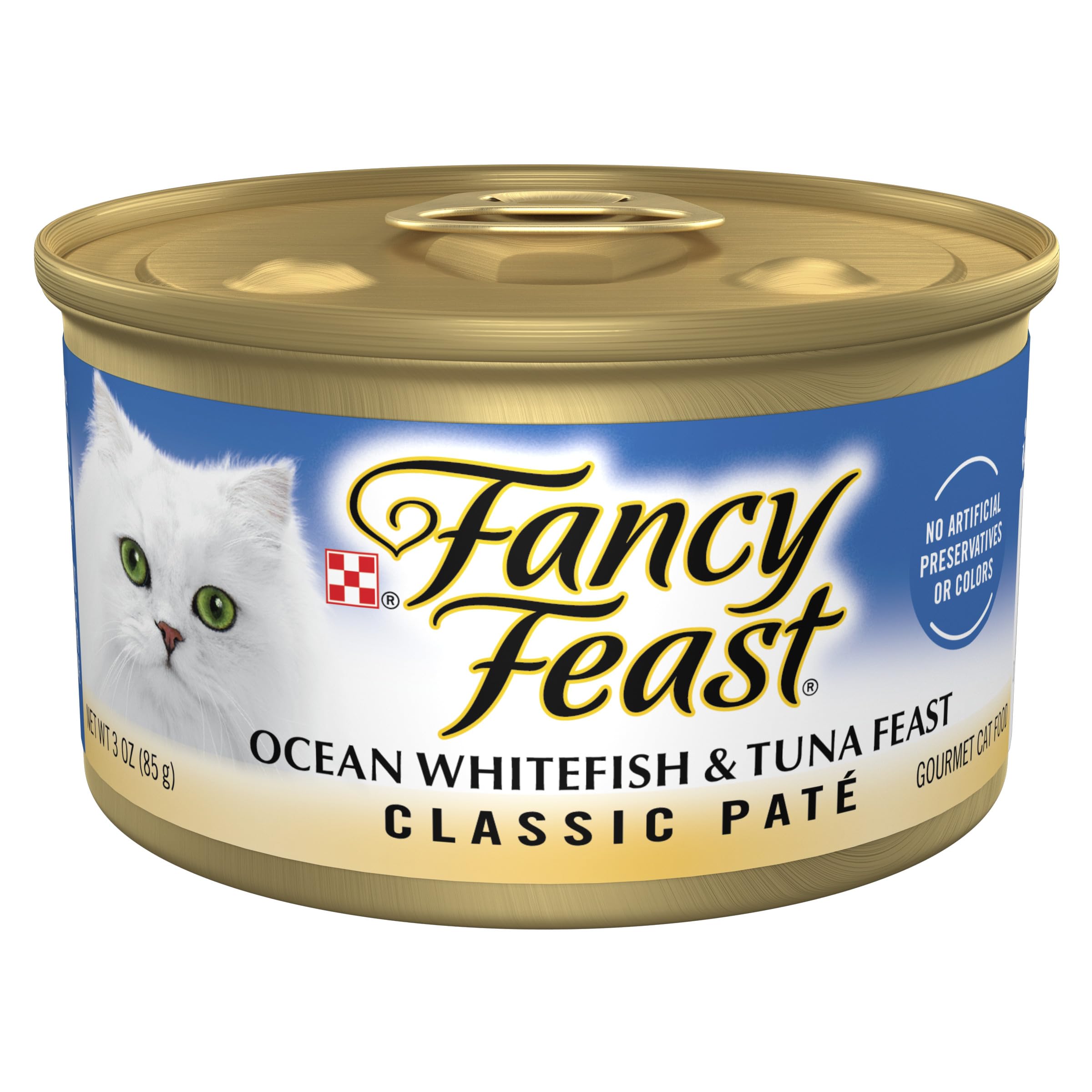 Fancy Feast lata frontal mostrando la marca y beneficio apetitoso