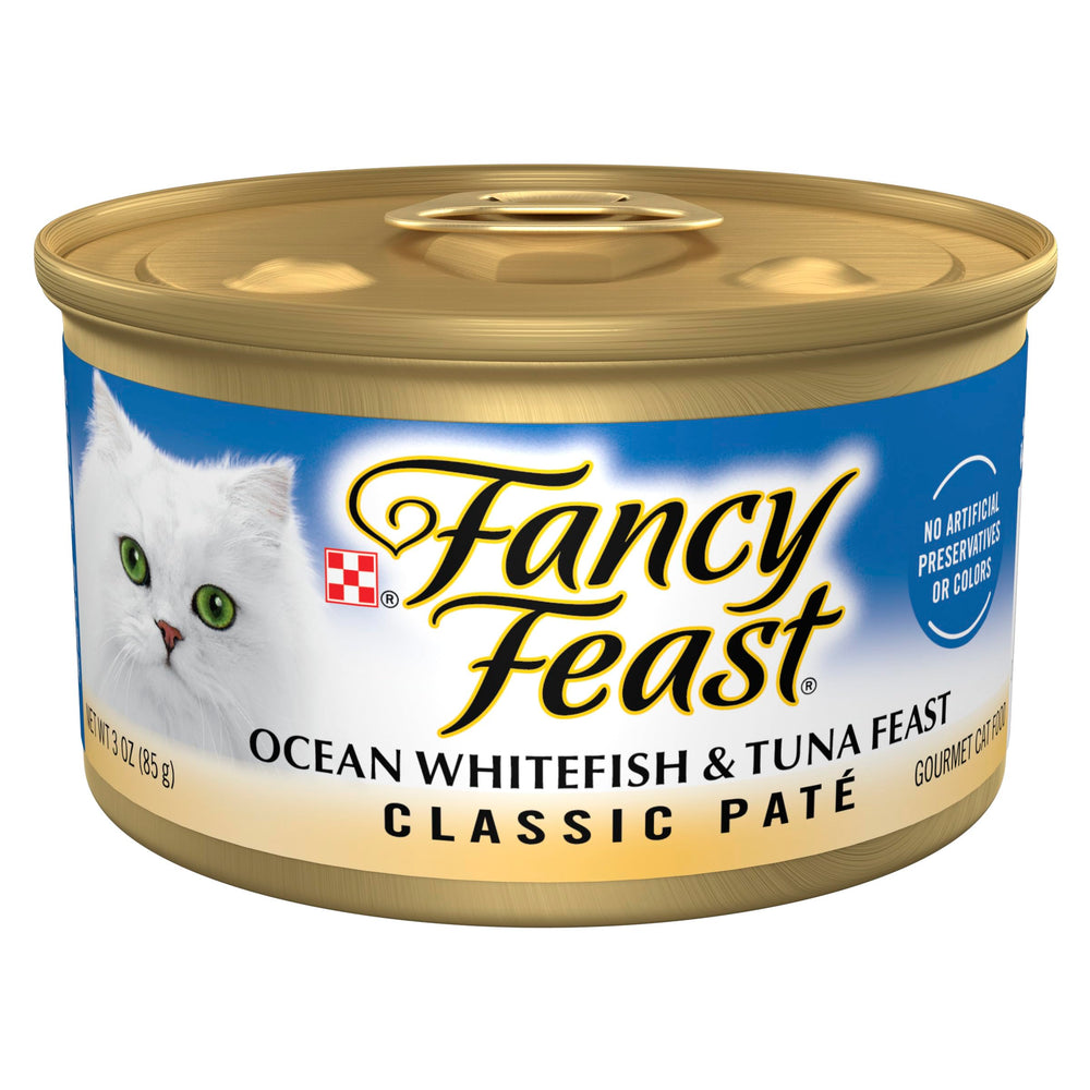 Fancy Feast lata frontal mostrando la marca y beneficio apetitoso