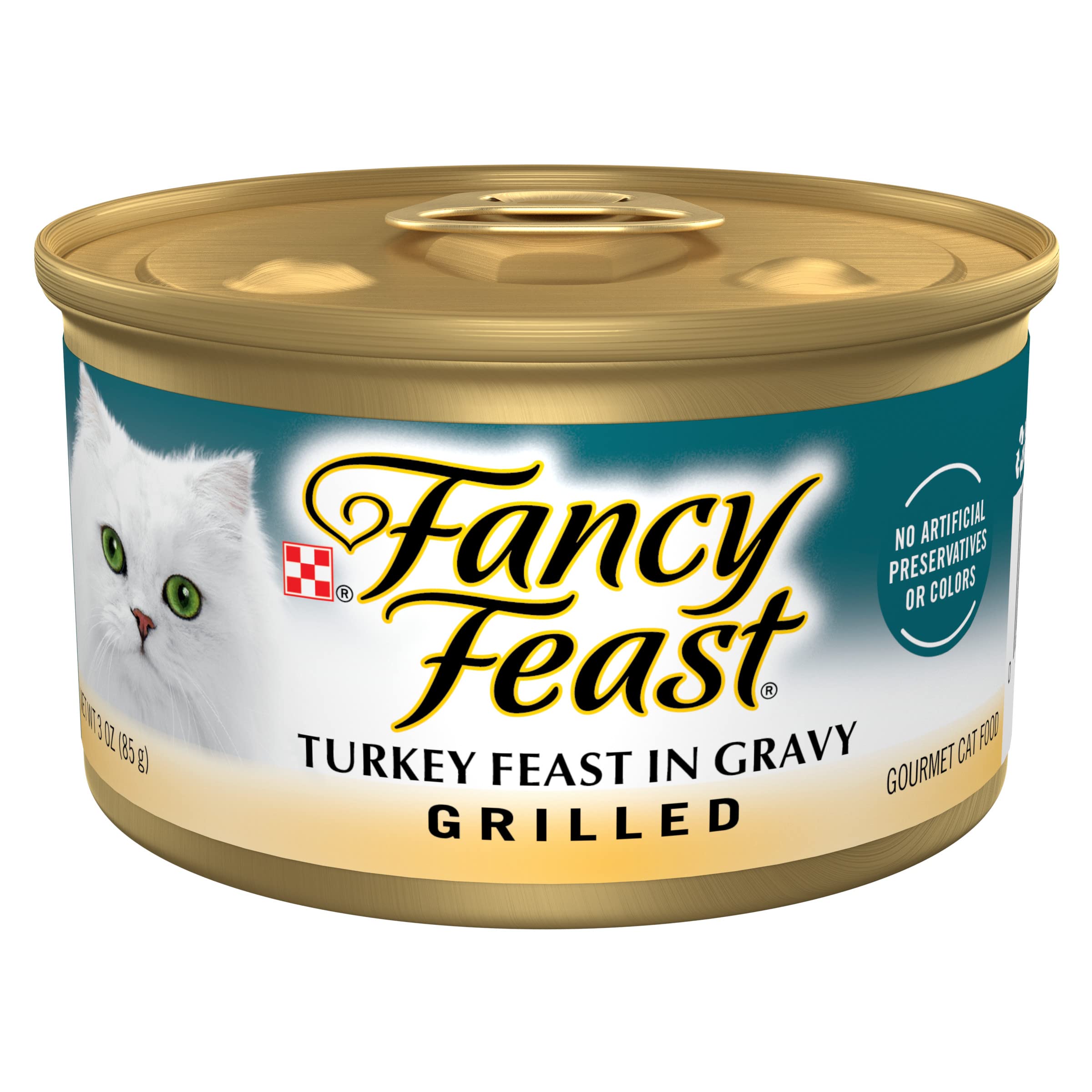 Fancy Feast lata frontal mostrando diseño y sabor pavo a la parrilla