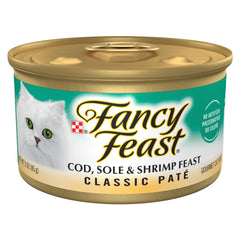 Fancy Feast lata frontal con diseño claro y marca visible, atractivo inmediato