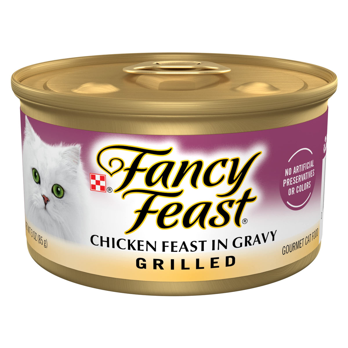 Fancy Feast lata frontal mostrando diseño y marca, facilita identificación rápida