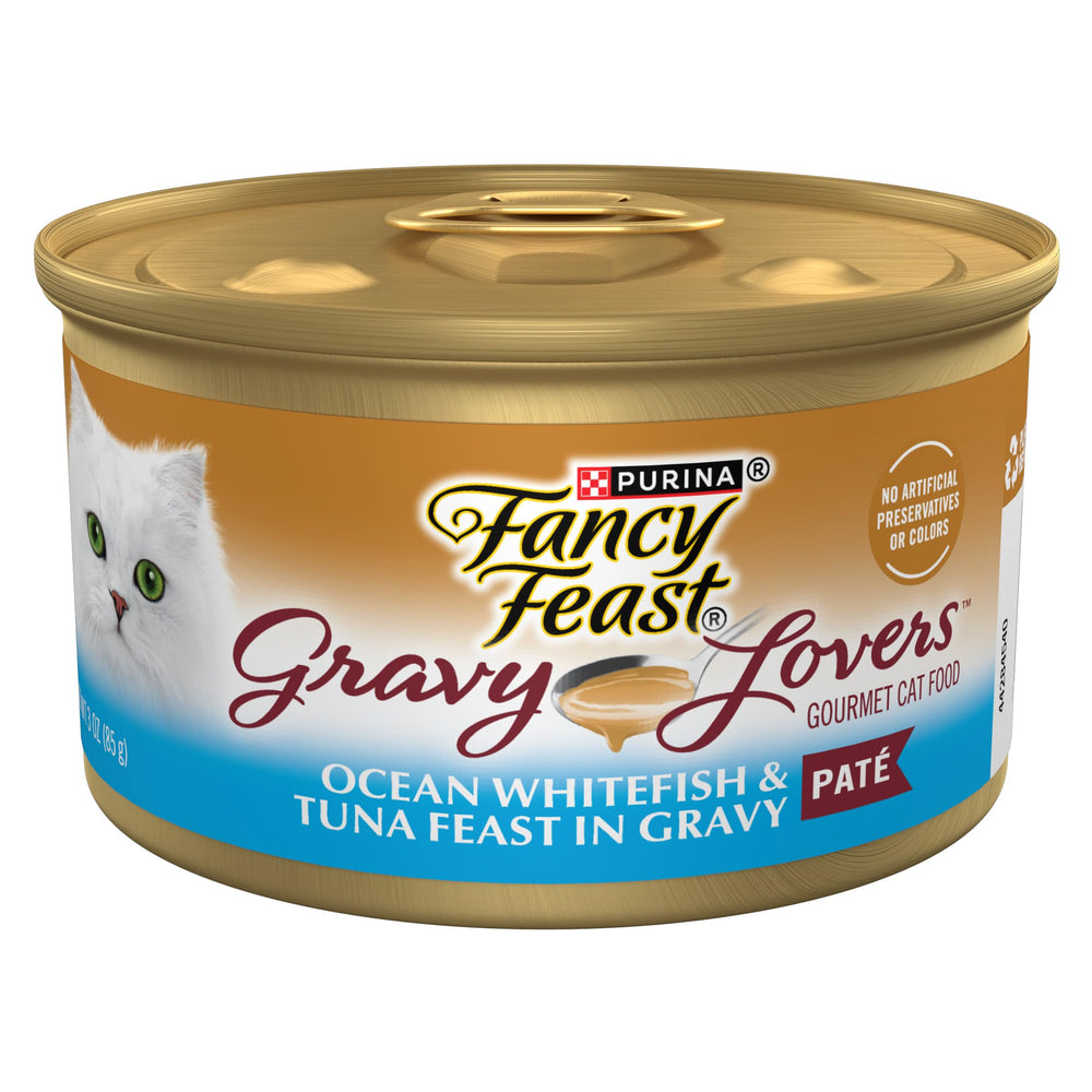 Fancy Feast lata frontal que muestra la variedad y atrae con su diseño