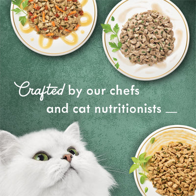 Fancy Feast lata servida en plato, facilita control de porciones