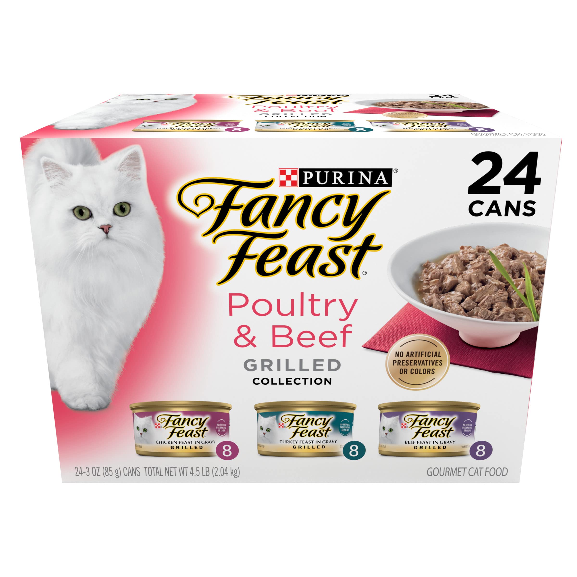 Fancy Feast pack frontal mostrando las 24 latas y variedad de sabores