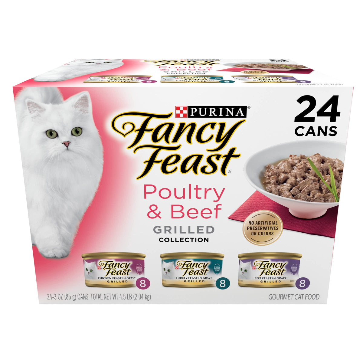Fancy Feast pack frontal mostrando las 24 latas y variedad de sabores