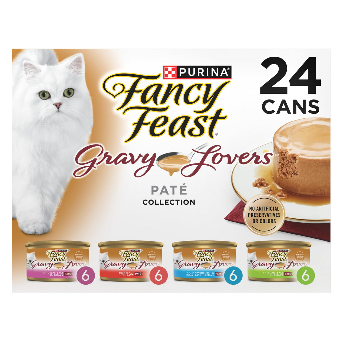 Fancy Feast empaque frontal mostrando variedad y conveniencia para dueños