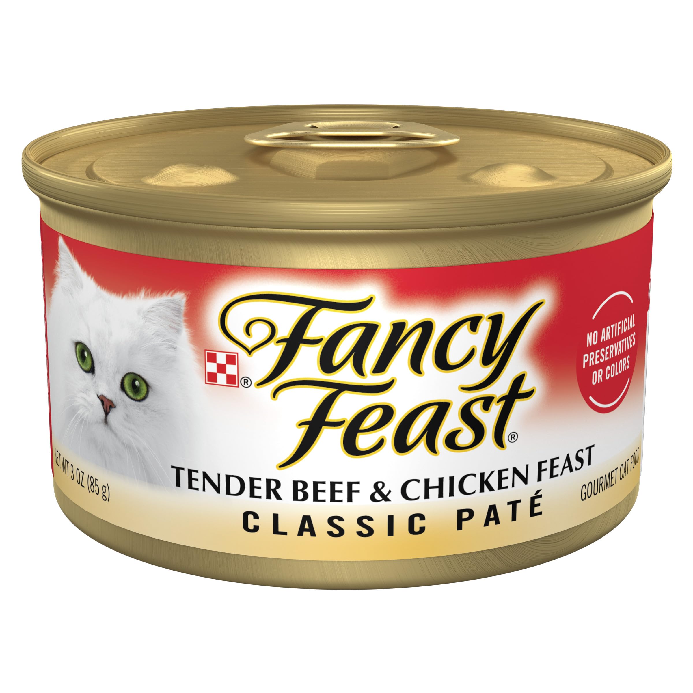 Fancy Feast lata frontal mostrando la etiqueta y el beneficio de carne real