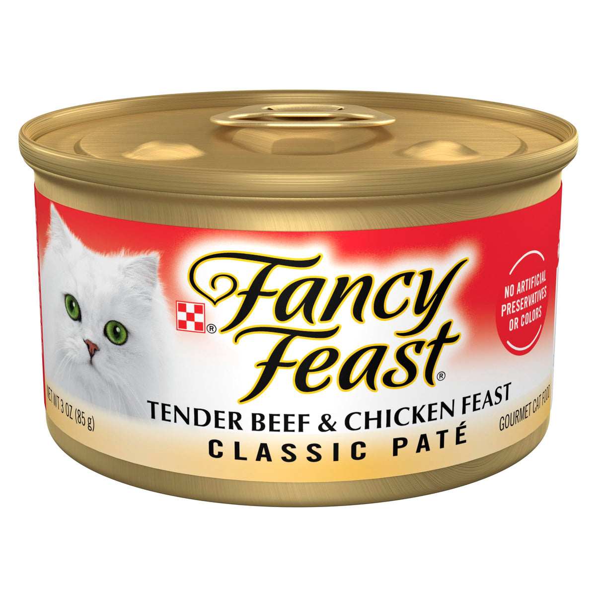 Fancy Feast lata frontal mostrando la etiqueta y el beneficio de carne real
