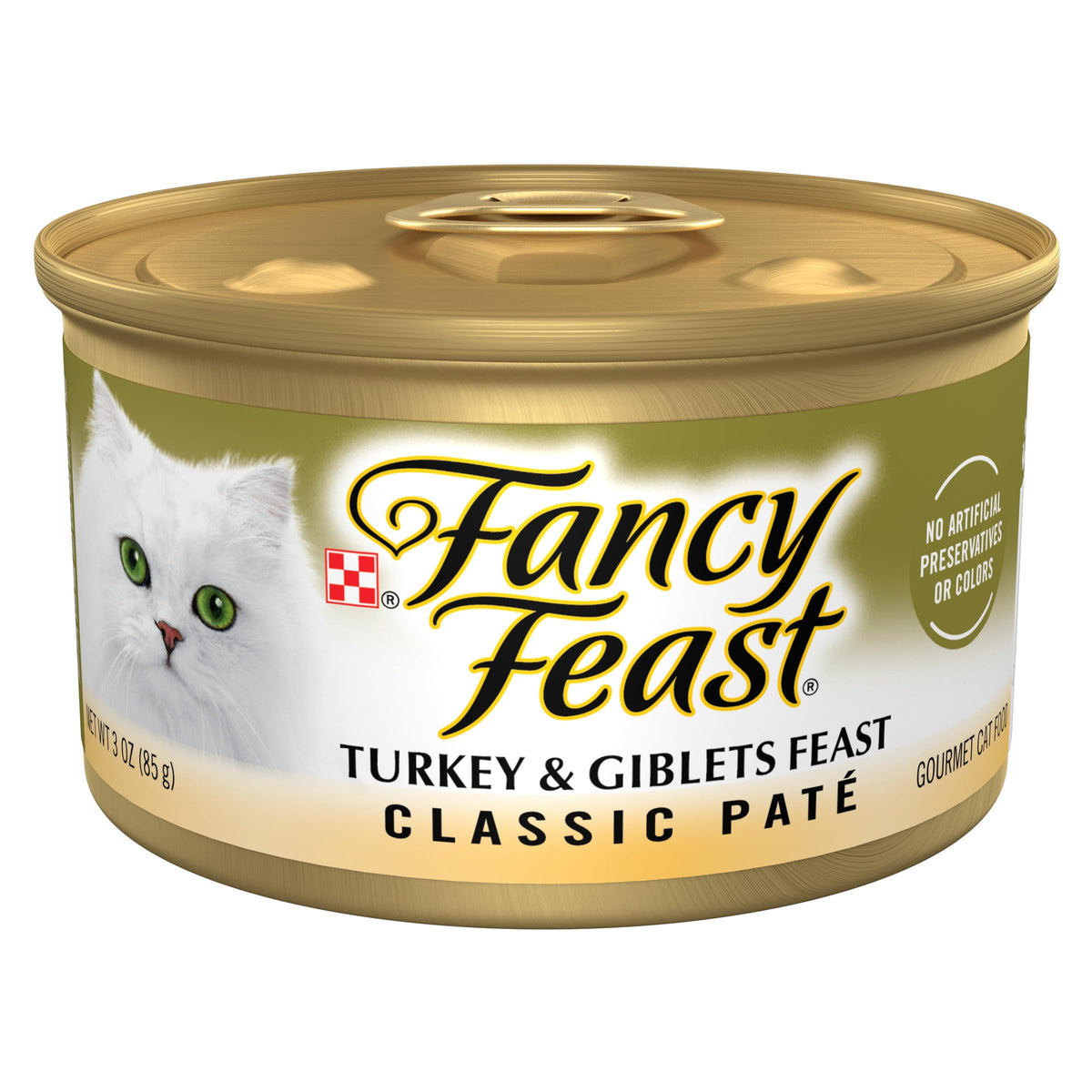 Fancy Feast frente del envase mostrando pavo y vísceras, atractivo visual