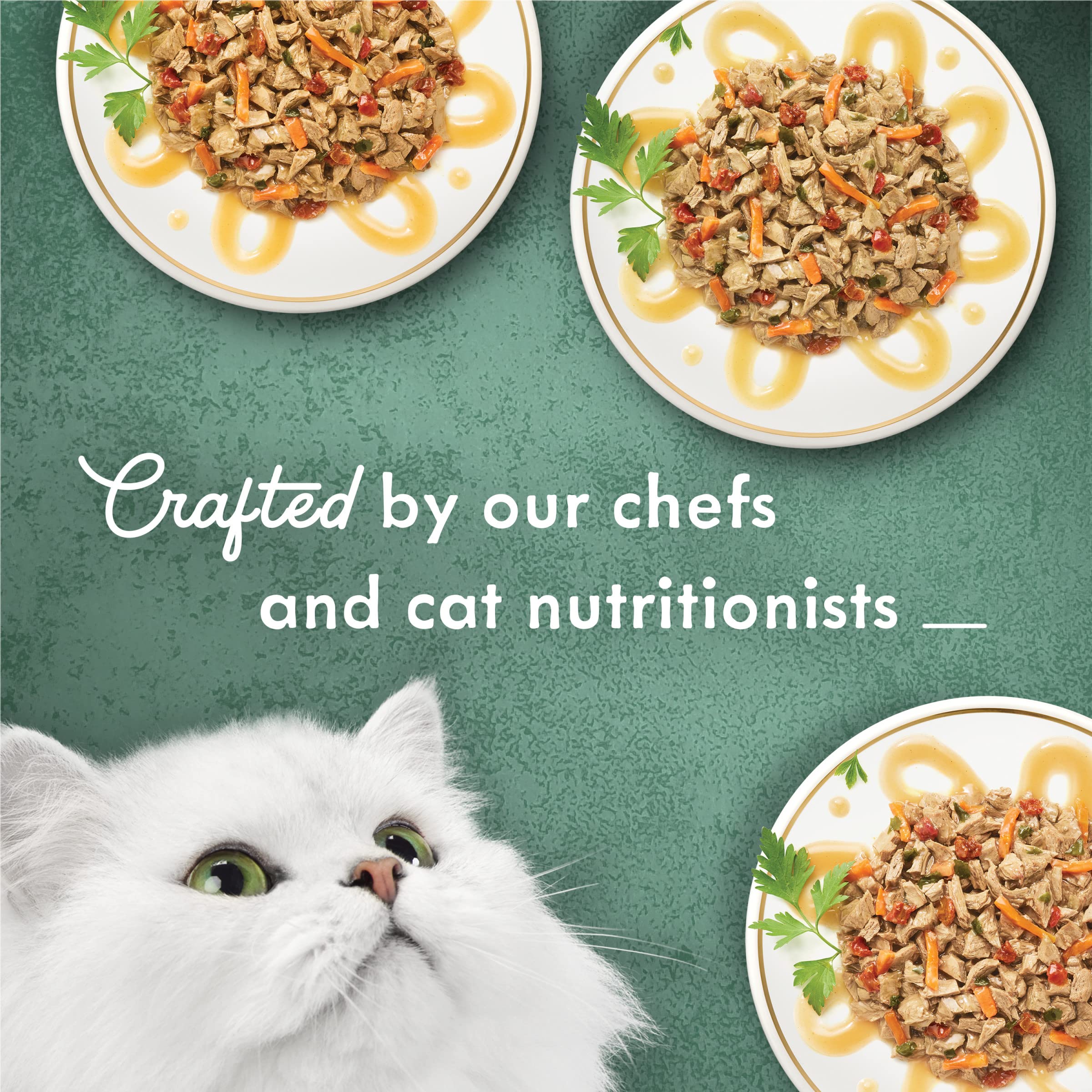 Fancy Feast porción servida en plato, lista para alimentar fácilmente