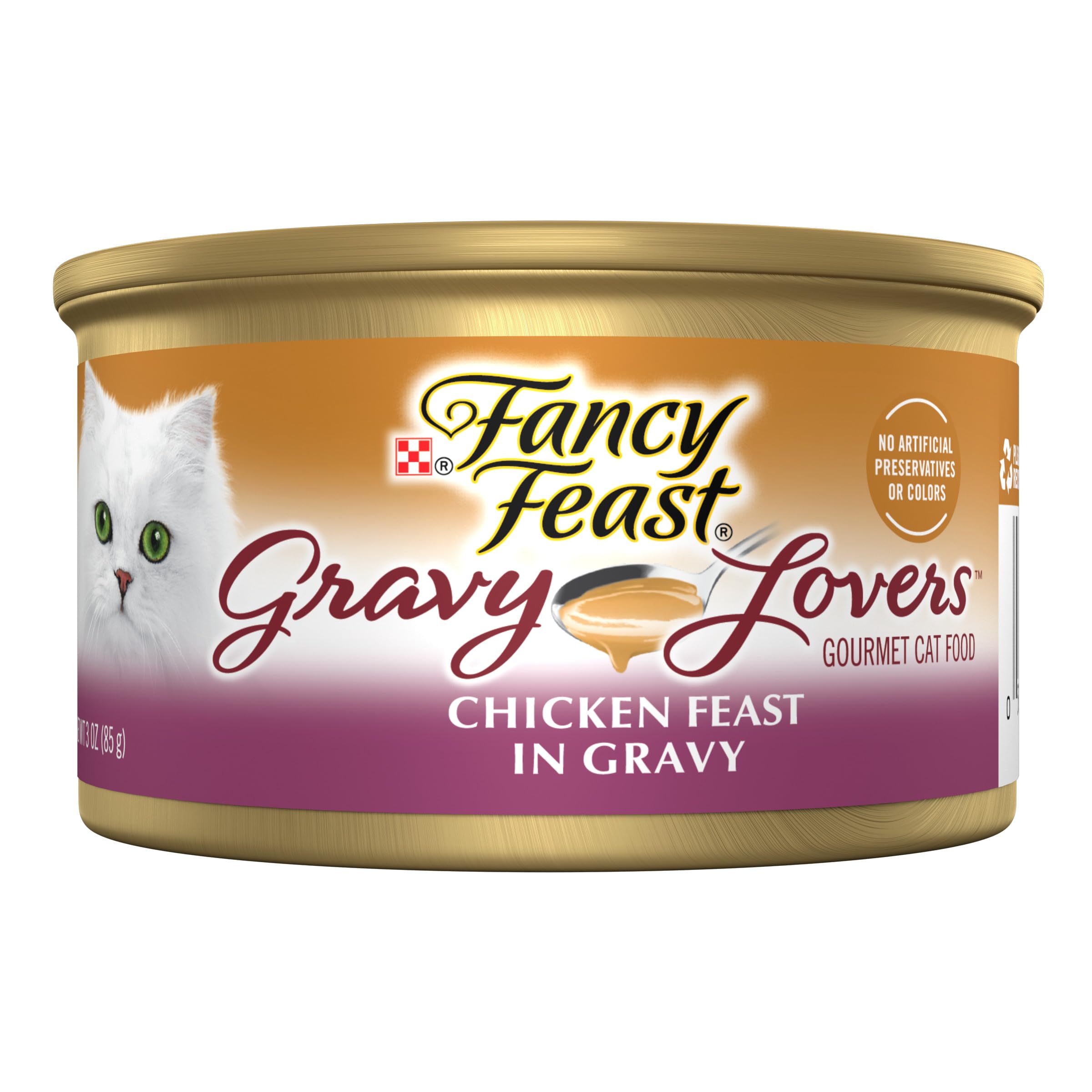 Fancy Feast vista frontal de lata de pollo en salsa, presentación apetecible