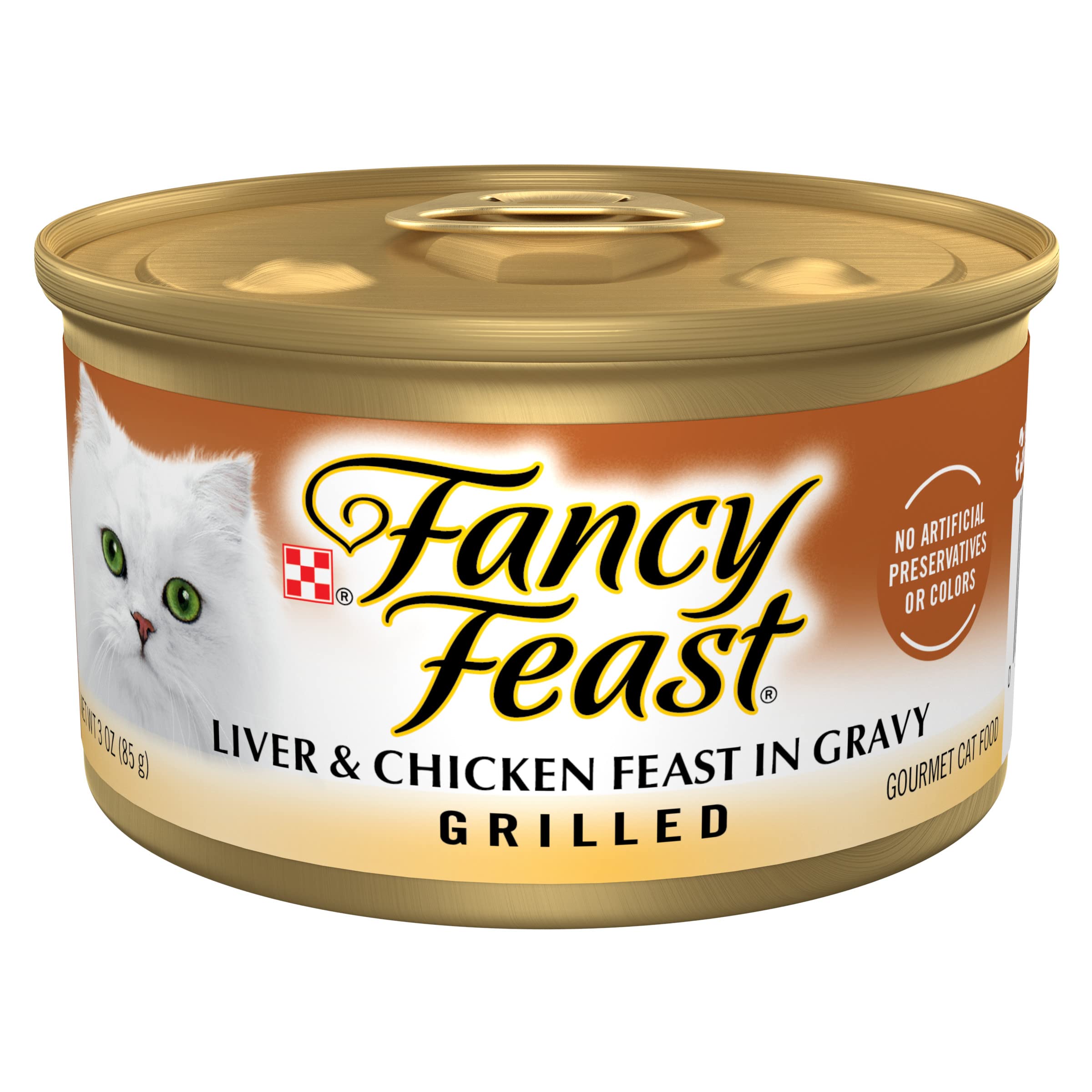 Fancy Feast Purina vista frontal de lata mostrando la etiqueta y beneficio gourmet