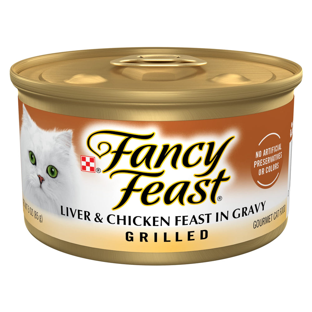 Fancy Feast Purina vista frontal de lata mostrando la etiqueta y beneficio gourmet