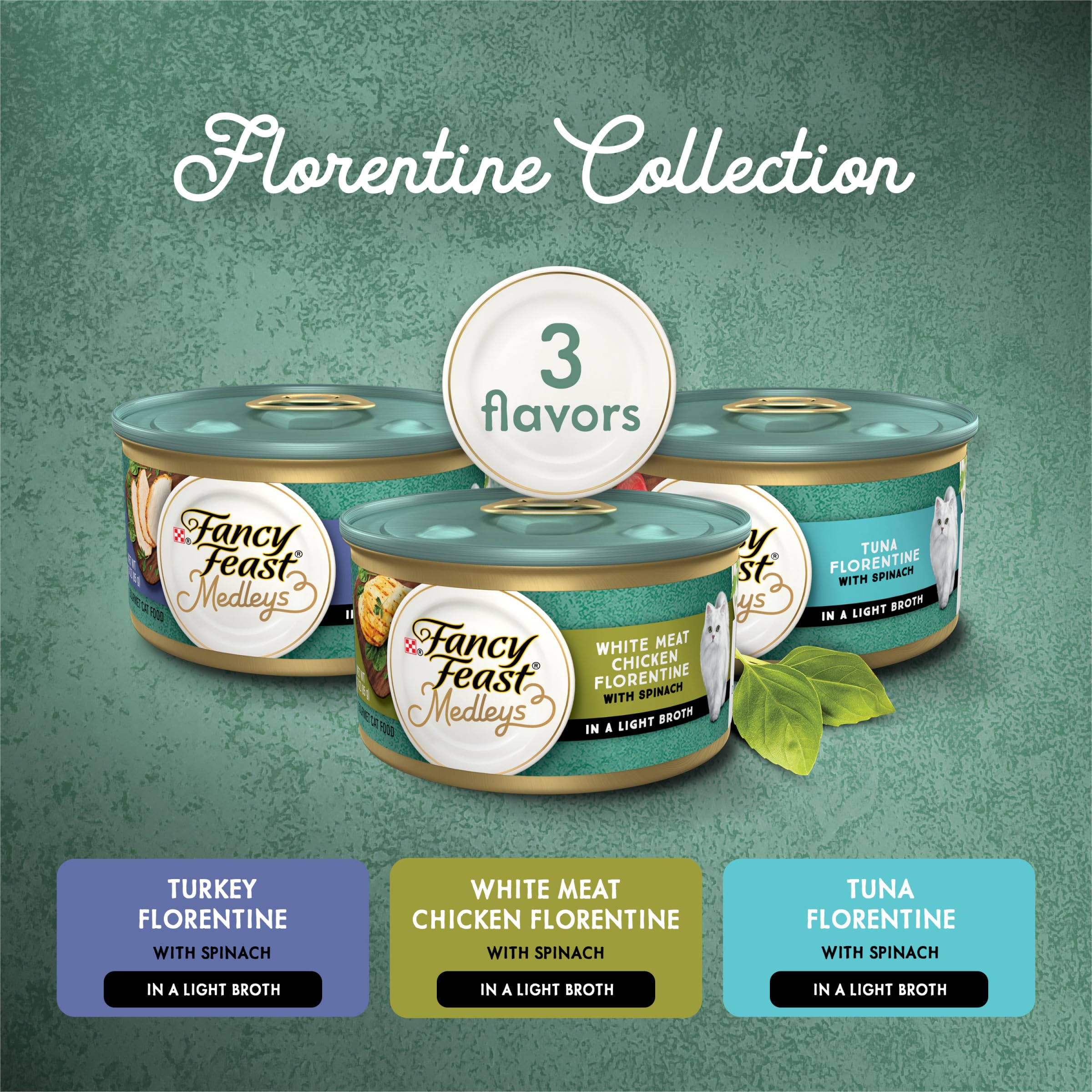 Fancy Feast Purina Medleys Florentine single 3 oz can top view with readable label