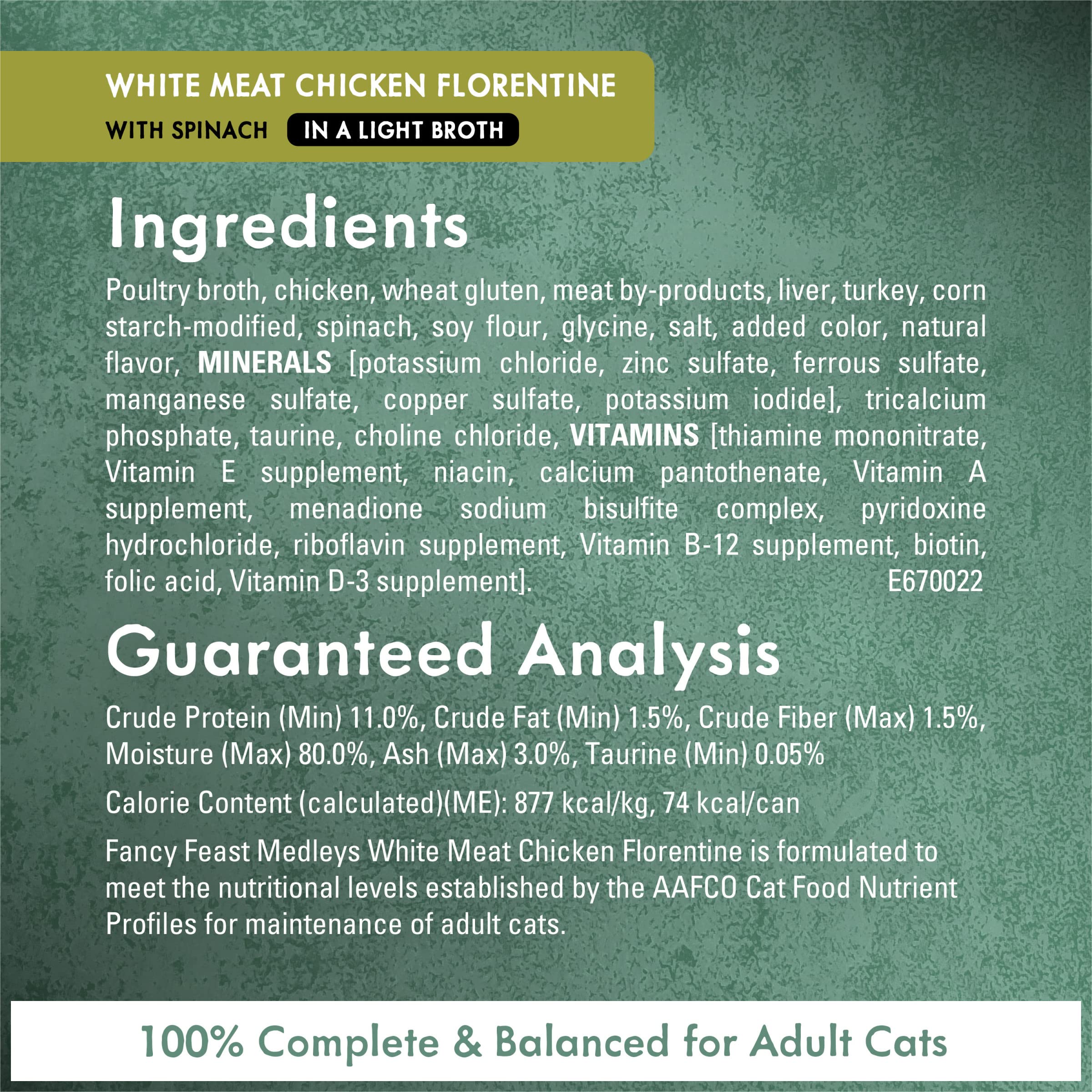 Fancy Feast Purina Medleys Florentine ingredient label close-up showing quality details