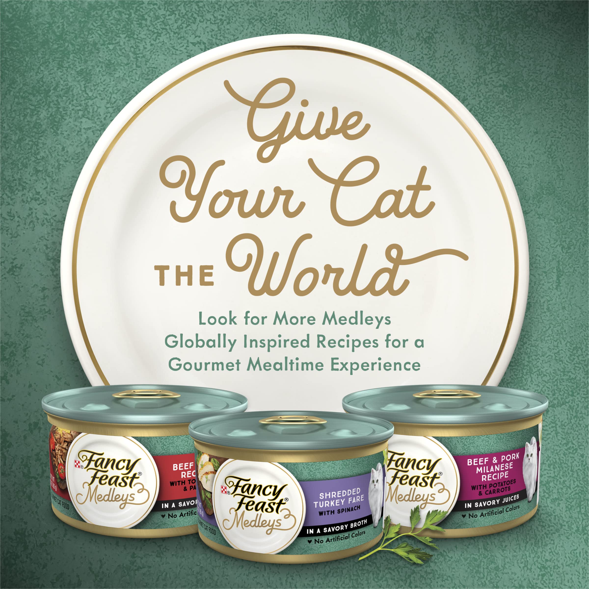 Fancy Feast Purina Medleys Florentine kitchen scene with cat enjoying mealtime